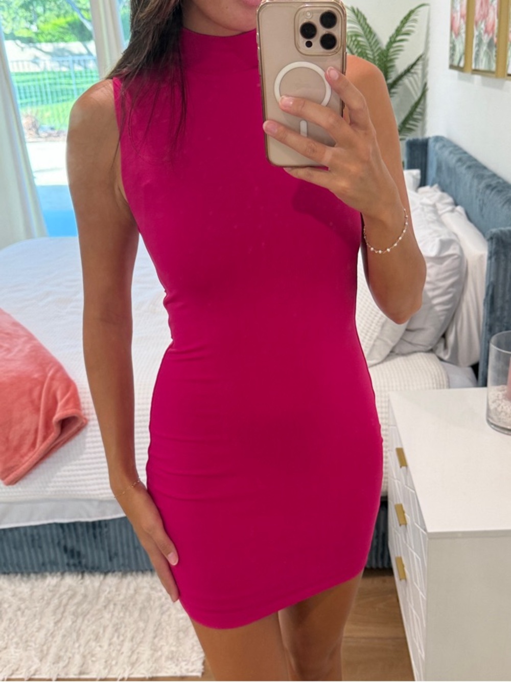 Aritzia Sleeveless Fuchsia High-Neck Bodycon Dress